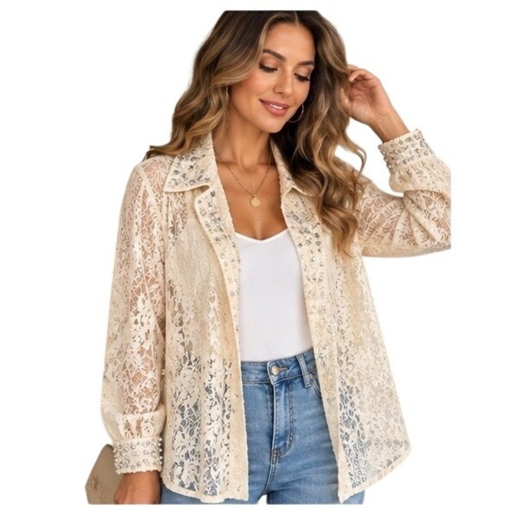 Vintage Allison Daley 2X Cream Floral Lace Rhinestone Jacket & Cami Set Formal